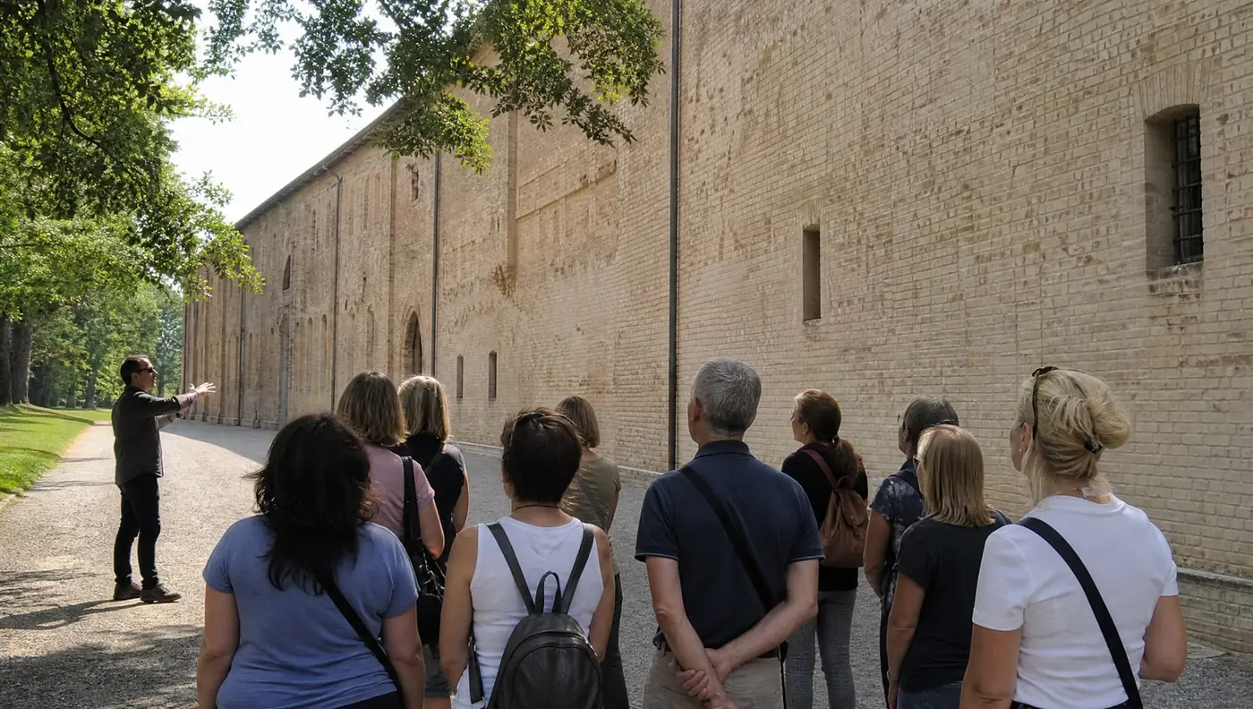 Un guide parlant à un petit groupe sur un chemin de gravier à côté d’un mur de briques