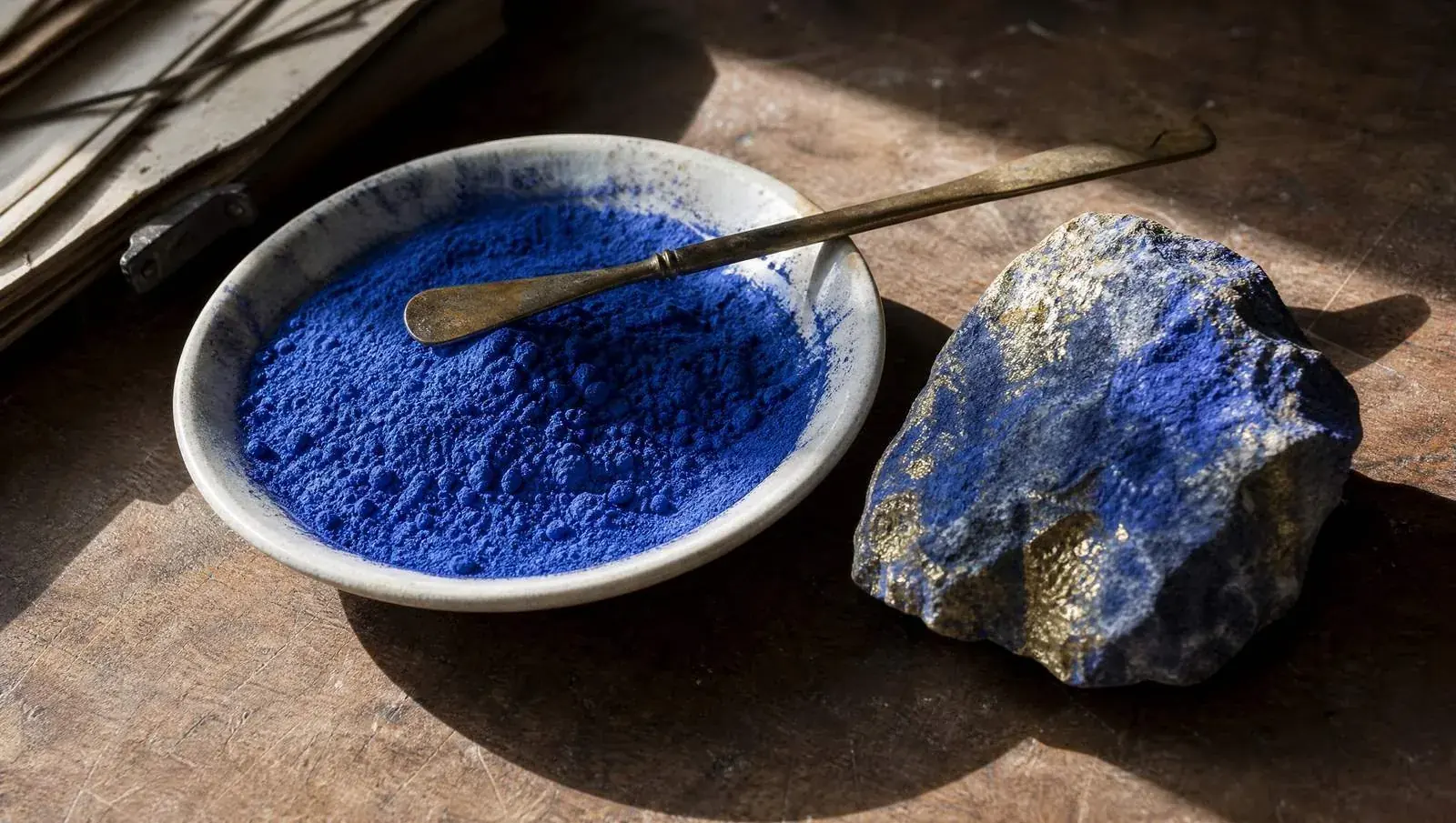 Gemahlenes blaues Pigment in einer flachen Schale neben einem Stück rohem Blaustein