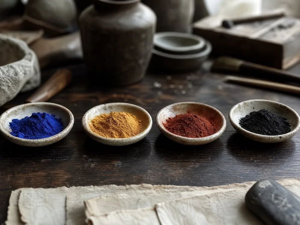 Vier flache Schalen mit pulverisiertem Mineralpigment in einer Reihe auf einem dunklen Tisch