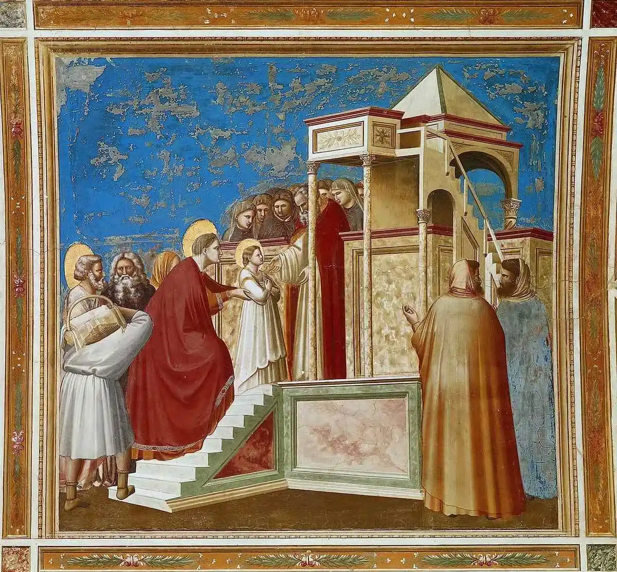 La Presentazione della Vergine: una bambina che sale i gradini di un tempio, osservata da un gruppo di adulti